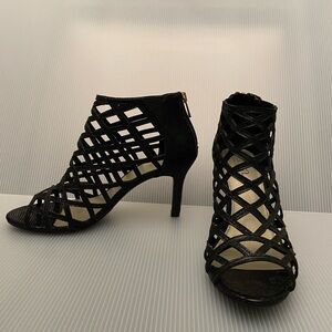 A.N.A. Caroline Black Open Toe Lattice Ankle Boot Pump